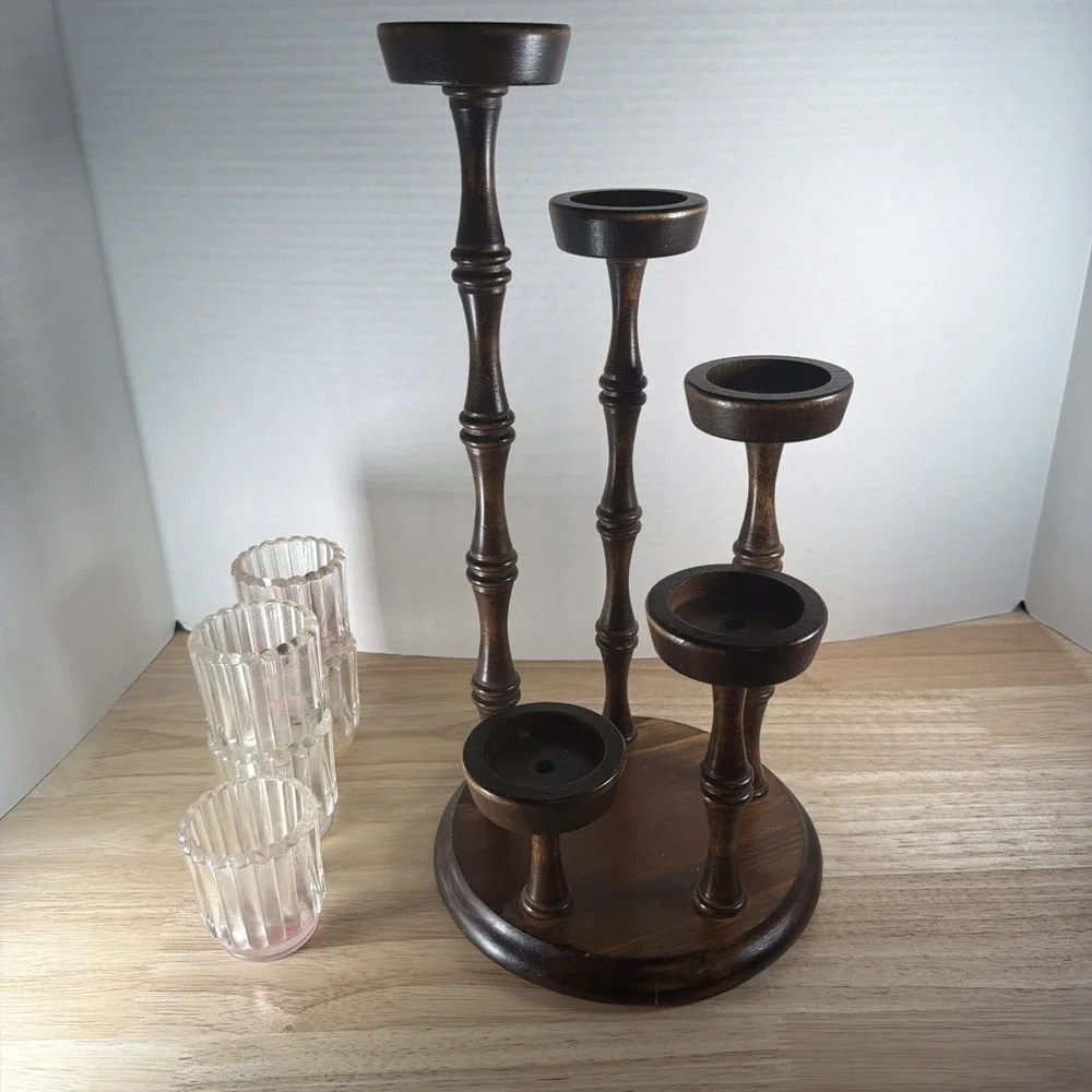 Mid Century Vintage 5-tier Wooden Spiral Candle Holder Spindles Candelabra